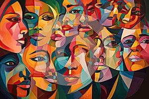 Colorful abstractly painted men's and women's faces. Society concept. Generative AI