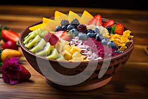 A colorful acai bowl with artistic fruit arrangements