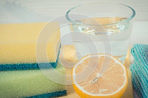 Colorful accessories and natural, nontoxic detergents for cleaning different surfaces