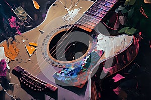 Colorful acoustic guitar abstract acryl painting.Generative ai