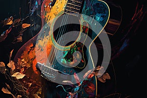 Colorful acoustic guitar abstract acryl painting.Generative ai