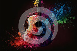 Colorful acoustic guitar colorburst abstract acryl painting.Generative ai