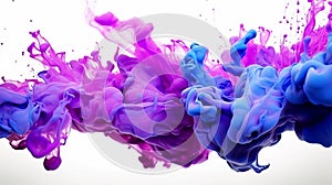 Colorful acrylic paint color in water isolated on white, multicolor ink drop sputter splashing underwater, smoke, wave, creativity