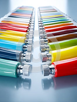 Colorful acrylic paint tubes arranged in rows on a reflective surface