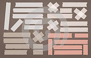 Colorful adhesive, sticky, masking, duct tape strips for text on light brown background. Vector illustration.