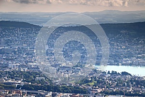 Colorful aerial cityscape of Zurich old town with Lake Zurich