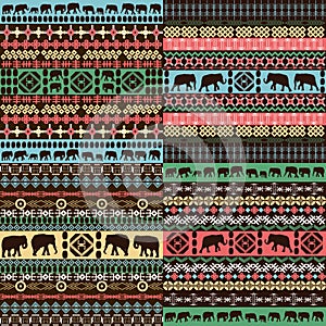 Colorful african patterns with elephants silhouettes