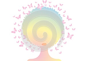 Colorful Afro curly butterfly decorative composition with silhouette girl portrait. Beauty center concept, hairstyle salon, Spa