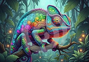 A colorful, AI-generated chameleon is perched on a branch,