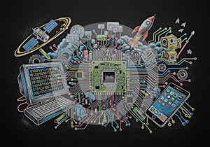 Displays binary code on the left, while a smartphone with app icons is