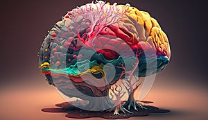 Colorful AI generative illustration of human brain of creative person. Bright red, yellow, blue, purple color on right and left