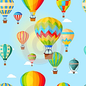 Colorful airballoon, pattern, air transport for travel, leisure and entertainment, design, flat style vector photo