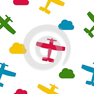 Colorful airplanes and clouds vector seamless pattern for kids