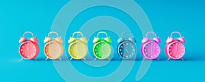 Colorful alarm clocks lined up in row. Creative concept on blue background. 3d render