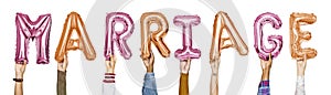 Colorful alphabet balloons forming the word marriage