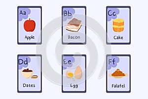 Colorful alphabet flashcard Letter A, B, C, D, E, F - apple, bacon, cake, dates, egg, falafel.