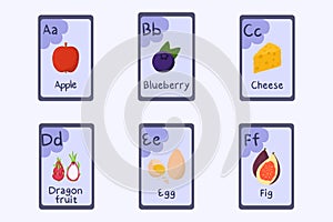Colorful alphabet flashcard Letter A, B, C, D, E, F - apple, blueberry, cheese, dragon fruit, egg, fig.