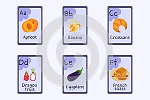 Colorful alphabet flashcard Letter A, B, C, D, E, F - apricot, banana, croissant, dragon fruit, eggplant, french toast.