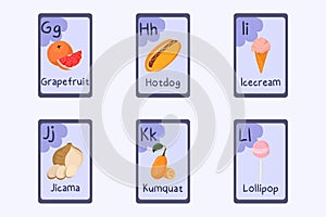 Colorful alphabet flashcard Letter G, H, I, J, K, L - grapefruit, hotdog, icecream, jicama, kumquat, lollipop.