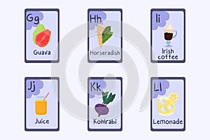 Colorful alphabet flashcard Letter G, H, I, J, K, L - guava, horseradish, irish coffee, juice, kohlrabi, lemonade.