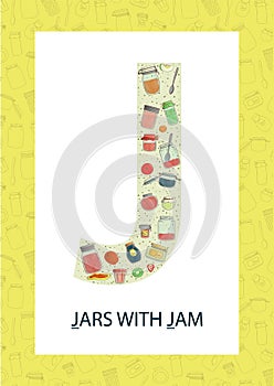 Colorful alphabet letter J. ABC flashcard