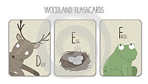 Colorful alphabet letters D, E, F. Phonics flashcard.