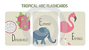 Colorful alphabet letters D, E, F. Phonics flashcard with tropical animals, birds, fruit, plants. Cute educational jungle ABC