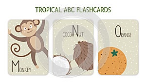 Colorful alphabet letters M, N, O. Phonics flashcard with tropical animals, birds, fruit, plants. Cute educational jungle ABC