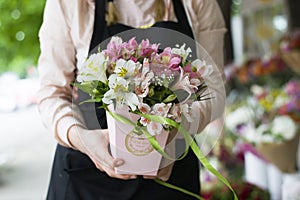 Colorful Alstroemeria flowers. A large bouquet of multi-colored alstroemerias in the flower shop are sold in the form of a gift bo