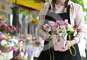 Colorful Alstroemeria flowers. A large bouquet of multi-colored alstroemerias in the flower shop are sold in the form of a gift bo photo