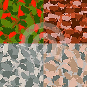 Colorful America urban camouflage. Set of USA shape camo seamless pattern. Vector fabric textile. Military print design