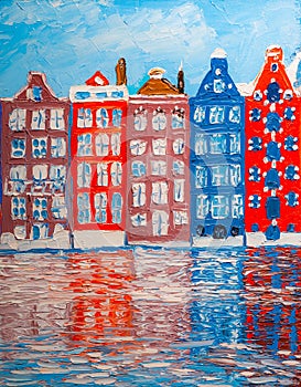 Colorful Amsterdam cityscape oil painting.
