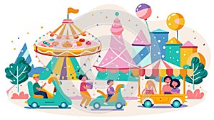 Colorful Amusement Park Scene with Joyful People and Attractions