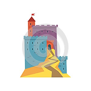 Colorful ancient fortress. Red heraldic flag on tower. Cartoon castle architecture. Historical building. Flat vector