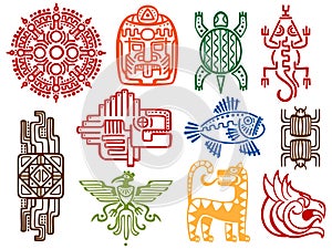 Colorful ancient mexican vector mythology symbols - american aztec, mayan culture native totem photo