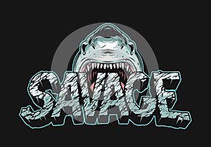 Colorful angry shark holding Savage lettering