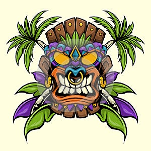 Colorful Angry Tiki Head with Leaves and Palm Tree Vector Illustration for Logo, T-Shirt, and Sticker