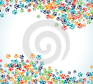 Colorful animal footprint ornament border on white background