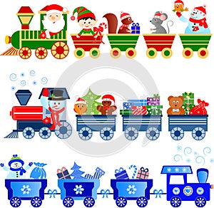 Colorful animated cartoon of Santa polar express with animals, snowman and presents