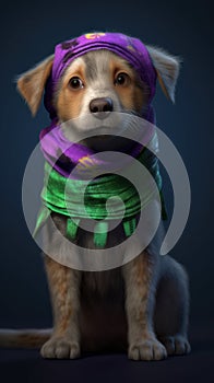 Colorful Animation Stills: Small Puppy with Green and Purple Bandana. photo