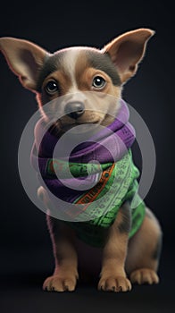 Colorful Animation Stills: Small Puppy Wearing Green and Purple Bandana. photo