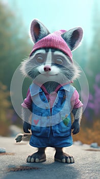 Colorful Animation Stills: Small Raccoon in Blue and Pink Beanie . photo