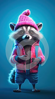 Colorful Animation Stills: Small Raccoon in Blue and Pink Beanie . photo