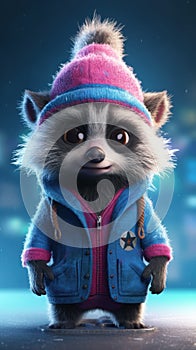 Colorful Animation Stills: Small Raccoon Wearing Blue and Pink Beanie .