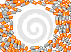 Colorful of antibiotic capsules pills in circle pattern isolated on white background. Drug resistance, antibiotic