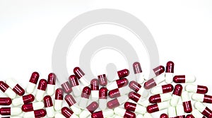 Colorful of antibiotic capsules pills isolated on white background with copy space.