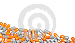 Colorful of antibiotic capsules pills isolated on white background with copy space.