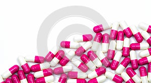 Colorful of antibiotic capsules pills isolated on white background with copy space