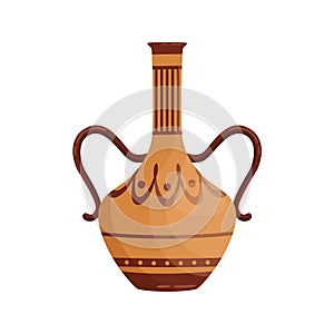 Colorful antique vase decorated by Hellenic ornaments vector flat illustration. Traditional greek ancient amphora or