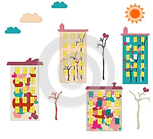 Colorful apartment buildings with drawings